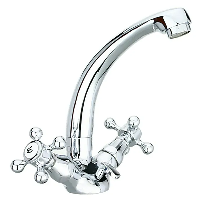 Camargue Nostalgie Grifo de lavabo - Cromo - Un brillante grifo de cocina cromado con manijas en cruz y un caño alto, perfecto para cualquier cocina moderna.