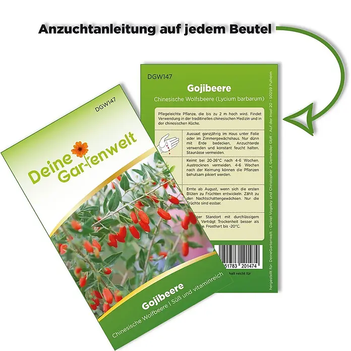 Deine Gartenwelt Gojibeere Chinesische Wolfsbeere -  - Goji-Beeren-Samentüte mit Pflanzanleitung, zeigt rote Goji-Beeren am Zweig.