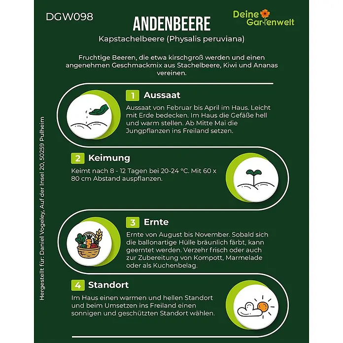 Deine Gartenwelt Physalis Andenbeere Kapstachelbeere -  - Pflanzanleitung für Andenbeere mit Illustrationen und Anweisungen.