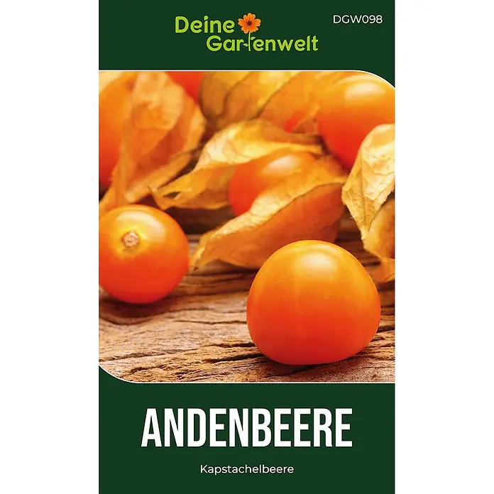 Deine Gartenwelt Physalis Andenbeere Kapstachelbeere -  - Orange Physalis-Beeren auf einer Samentüte mit der Aufschrift „Andenbeere“.