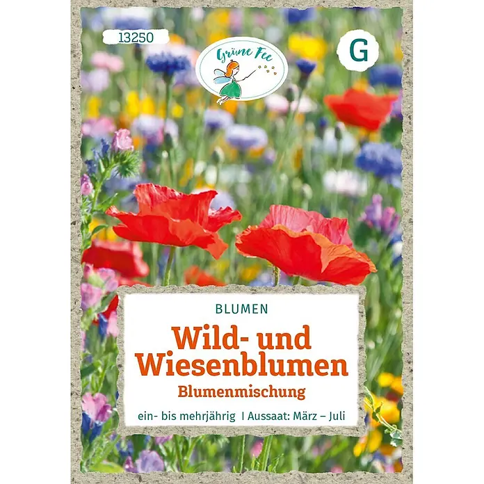 Grüne Fee Wildblumensamen Mischung - 10 g, 10 m² - Samentüte für Wild- und Wiesenblumen, mit roten Mohnblumen und blauen Kornblumen, von Grüne Fee. Text: 'Wild- und Wiesenblumen'.