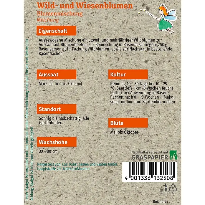 Grüne Fee Wildblumensamen Mischung - 10 g, 10 m² - Hellbraune Samentüte für Wild- und Wiesenblumen aus Graspapier mit Anbauinformationen und Barcode.