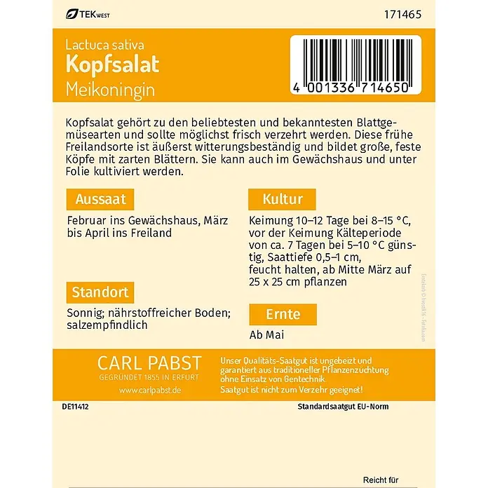 Pabst Keimkraft Kopfsalat früh & treibfähig Meikoningin -  - Samentüte für Kopfsalat 'Meikoningin' in Orange und Weiß mit Produktinformationen und Barcode.