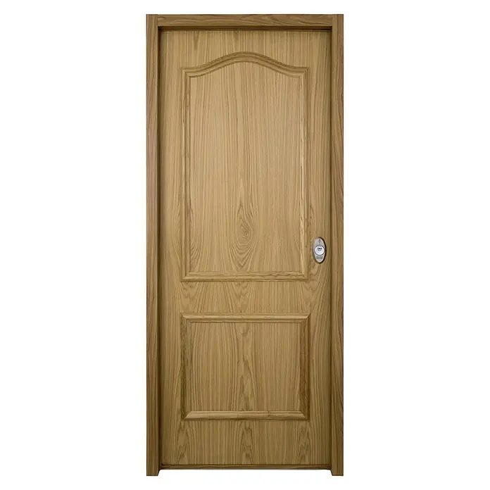 SegureStil Puerta de entrada interior S105 Serie V - 90 x 206 cm, Izquierda, Roble claro, Acorazada - Puerta interior de madera marrón claro con dos paneles, el superior arqueado, y manilla plateada.