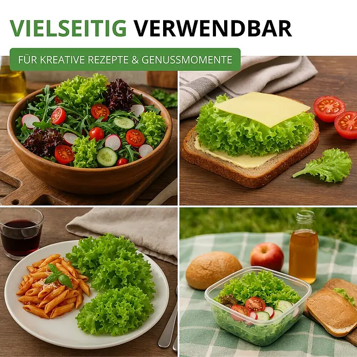 Deine Gartenwelt Schnittsalat Verde ricciolina da taglio -  - Frisch grüner Salat in verschiedenen Gerichten: Salatschüssel, Sandwich, Nudelgericht und Picknick-Mittagessen.