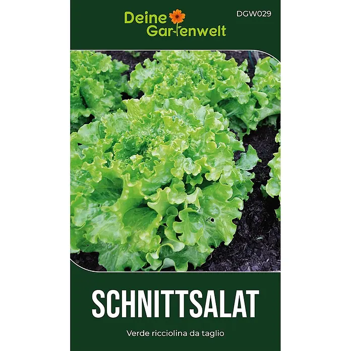 Deine Gartenwelt Schnittsalat Verde ricciolina da taglio -  - Saatgutpackung für Schnittsalat mit frischen grünen Salatblättern und „Schnittsalat“-Aufschrift.