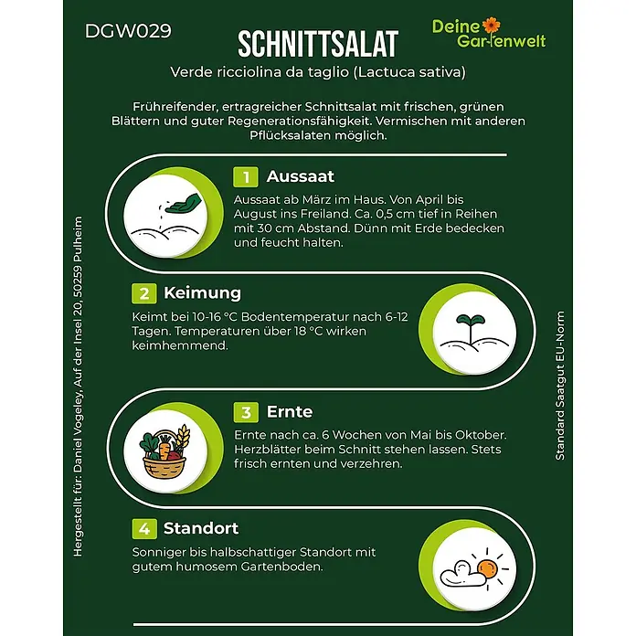 Deine Gartenwelt Schnittsalat Verde ricciolina da taglio -  - Informationsblatt für Schnittsalat 'Verde ricciolina da taglio' mit Anweisungen zu Aussaat, Keimung, Ernte und Standort, illustriert mit Icons.