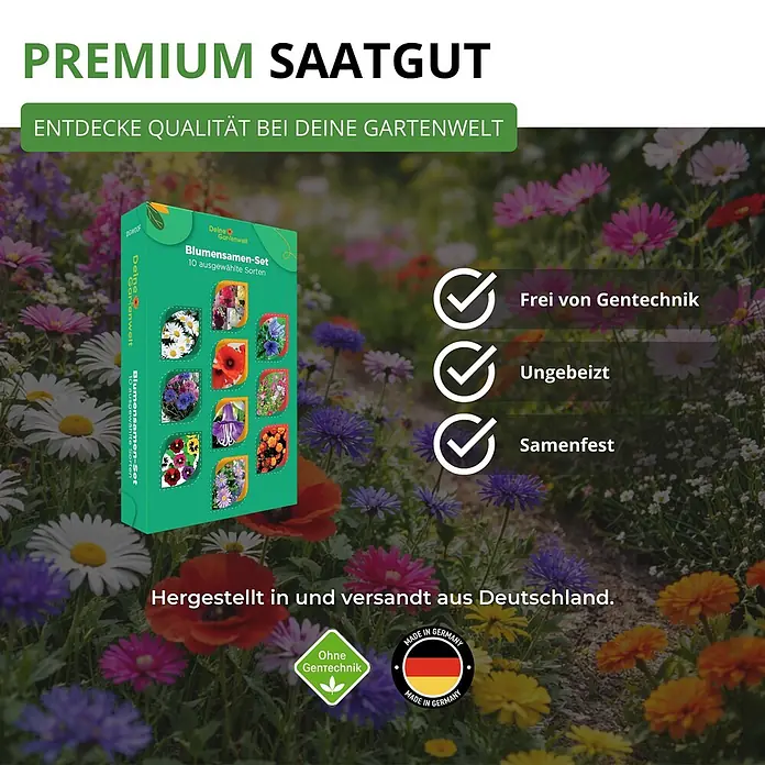 Deine Gartenwelt Blumensamen-Set mit 10 Sorten -  - Grünes Blumensamen-Set "Deine Gartenwelt" mit 10 ausgewählten Sorten, Made in Germany, Ohne Gentechnik, in einem Blumenfeld.
