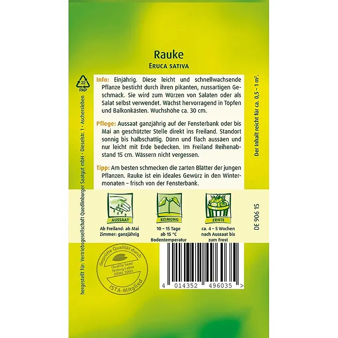 Quedlinburger SAATGUT Salatsamen Rauke - Brassica juncea, Erntezeit: Ganzjährig, 1,2 g - Grün-gelbe Samenpackung für Rauke (Eruca Sativa) mit Pflanzanleitung, Pflegetipps, Ernteinformationen und Barcode.