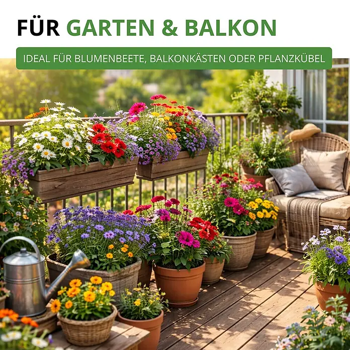 Deine Gartenwelt Blumensamen-Set mit 10 Sorten -  - Sonnige Balkonbepflanzung mit bunten Topfblumen, Blumenkästen und einem Korbstuhl, die schöne Blütenpracht zeigt.