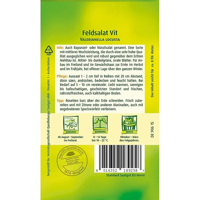Quedlinburger SAATGUT Salatsamen Feldsalat - Valerianella locusta, Erntezeit: August, 2 g - Saatguttüte für Feldsalat Vit mit Anbauanweisungen, Bildern und Barcode.