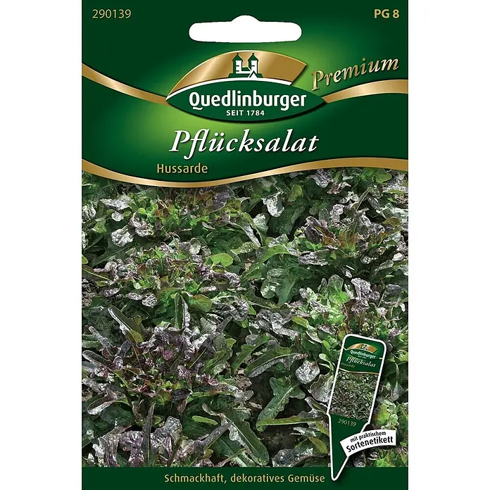 Quedlinburger SAATGUT Salatsamen Pflücksalat - Lactuca sativa, Erntezeit: März, 6,5 g - Quedlinburger Pflücksalat 'Hussarde' Samentüte in Grün-Gold-Design, mit Abbildung der Salatsorte, auf einem Salatbeet liegend dargestellt.