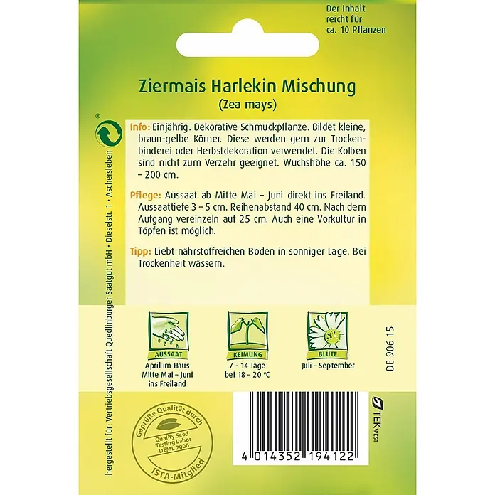 Quedlinburger SAATGUT Zier-Mais Harlekin -  - Samentüte für Ziermais Harlekin Mischung, mit Pflanzanleitung, Illustrationen und Barcode.