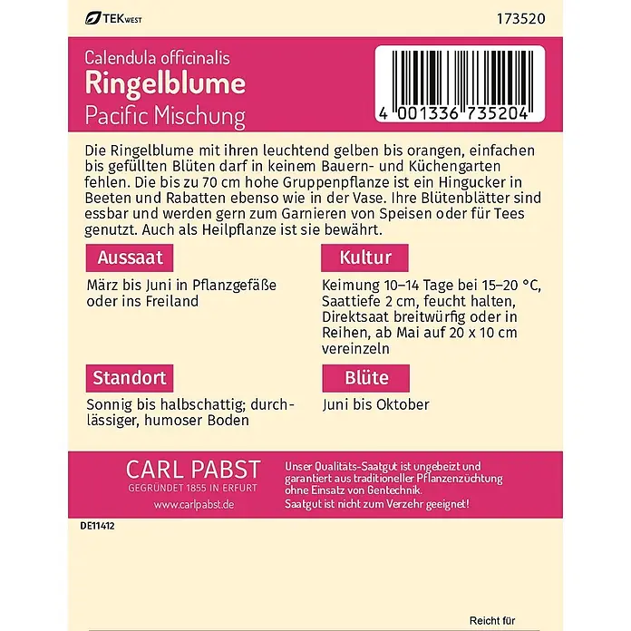 Pabst Keimkraft Ringelblume Pacific Mischung -  - Saatguttüte für Ringelblume Pacific Mischung (Calendula officinalis) mit Pflanzanleitung und Barcode.