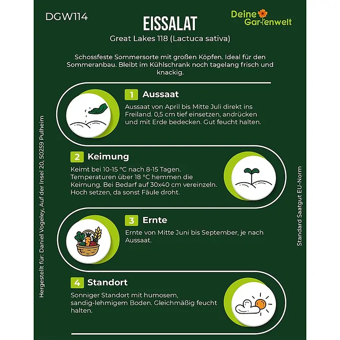 Deine Gartenwelt Eisbergsalat Great Lakes 118 -  - Informationsblatt für Eissalat mit Anbauanleitung für Aussaat, Keimung, Ernte und Standort, mit Symbolen.