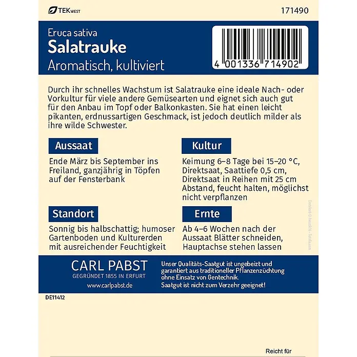 Pabst Keimkraft Salatsamen Salatrauke - Eruca sativa Mill., Erntezeit: Sortenabhängig, 0,8 g - Saatguttüte für Salatrauke (Rucola) mit Anbauanleitung und Barcode.