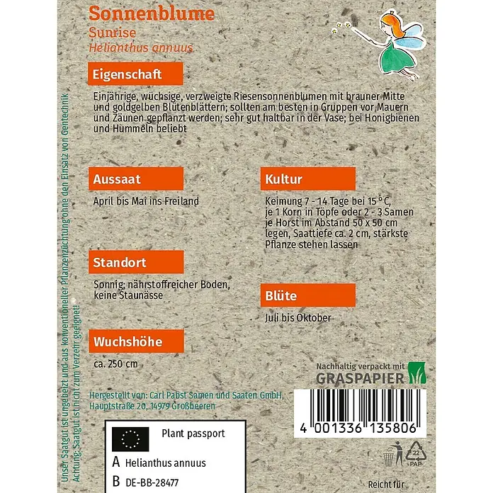 Grüne Fee Blumensamen Sonnenblume - Helianthus annuus, Goldgelb - Strukturierte hellbraune Sonnenblumensamenpackung mit orangefarbenem und schwarzem Text, Feenillustration, Barcode und Pflanzanweisungen für 'Sonnenblume Sunrise'.