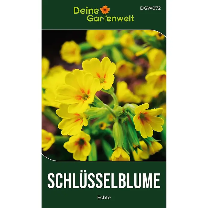 Deine Gartenwelt Wiesen-Schlüsselblume -  - Dunkelgrüne Samenpackung für Schlüsselblumen mit gelben Blüten und "Deine Gartenwelt" Aufschrift.