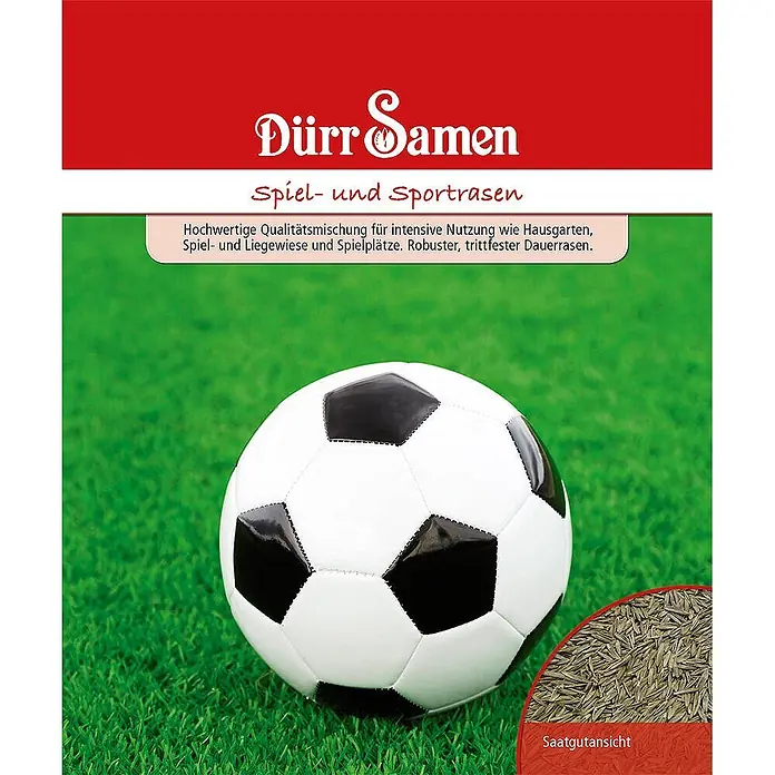Dürr Samen Spiel- und Sportrasen -  - Verpackung für Dürr Samen Spiel- und Sportrasen mit Fußball und einer Nahaufnahme der Samen.