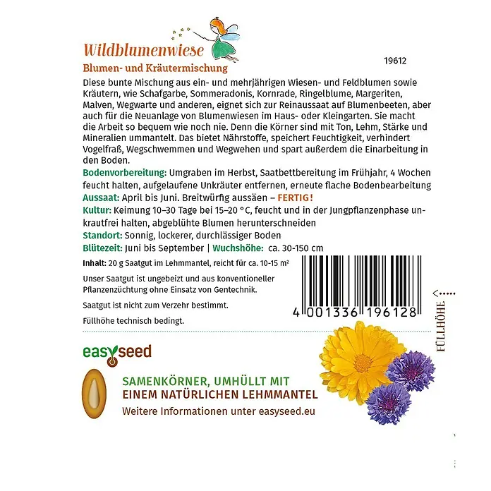Grüne Fee Wildblumensamen Streuschachtel - 100 g - Verpackung für lehmummantelte Wildblumenwiese-Samenmischung mit Blumenillustrationen.