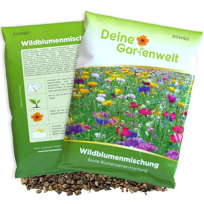 Deine Gartenwelt Wildblumensamen Mischung - 100 g, 100 m² - Zwei grüne und weiße Packungen „Wildblumenmischung“ (Wildblumen-Mix) Samen, mit einigen verschütteten Samen davor.