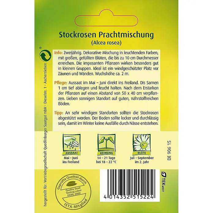 Quedlinburger SAATGUT Stockrosen Prachtmischung -  - Samenpäckchen für Stockrosen Prachtmischung (Alcea rosea) mit Pflanzinformationen, Illustrationen und Barcode.