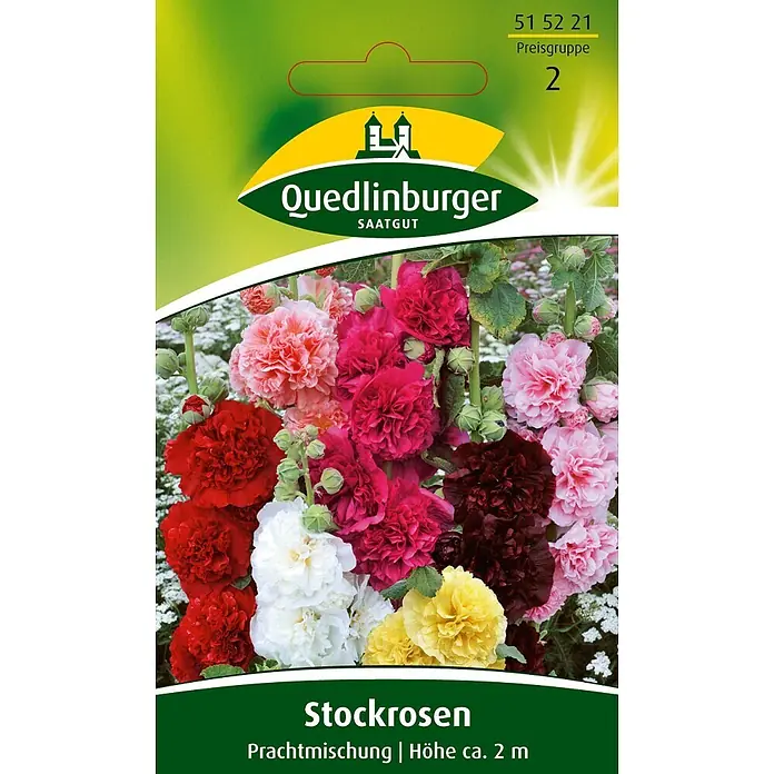 Quedlinburger SAATGUT Stockrosen Prachtmischung -  - Samenpackung für "Quedlinburger" Stockrosen (Prachtmischung) mit farbenfrohen, gefüllten Blüten in Rot, Rosa, Weiß, Gelb und Dunkelrot, Höhe ca. 2 m.