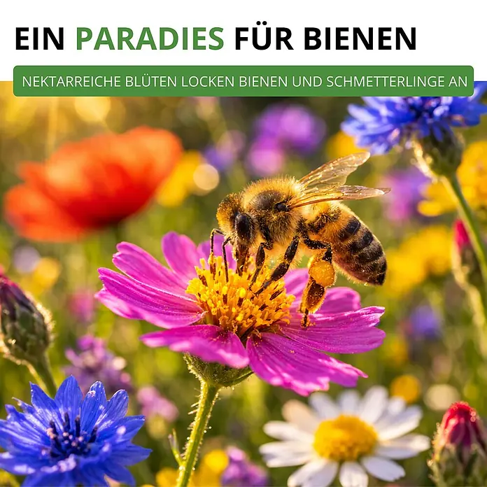 Deine Gartenwelt Wildblumensamen Mischung - 100 g, 100 m² - Honigbiene auf rosa Blume in bunter Wiese, mit Text 'Ein Paradies für Bienen'.