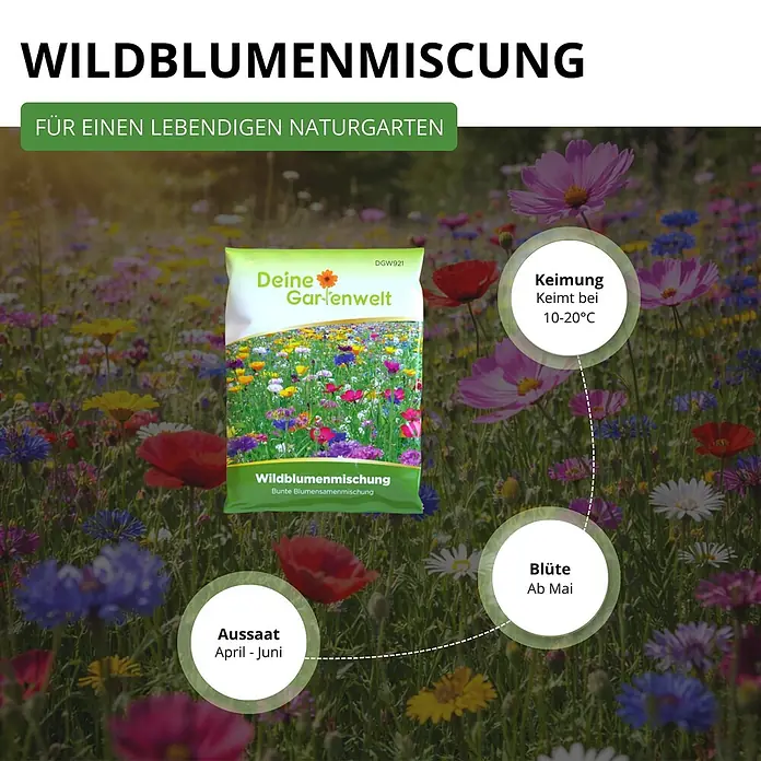 Deine Gartenwelt Wildblumensamen Mischung - 100 g, 100 m² - Grünes 'Deine Gartenwelt' Wildblumensamen-Paket, beschriftet 'Wildblumenmischung', in einem Feld mit bunten blühenden Wildblumen.