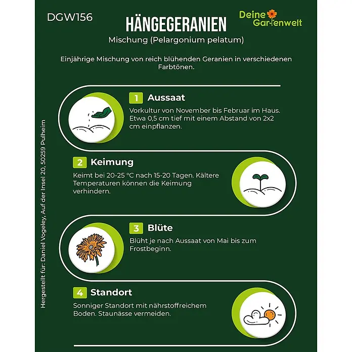 Deine Gartenwelt Hängegeranien Mischung -  - Anleitung für Hängegeranien DGW156: Aussaat, Keimung, Blüte und Standort. Einjährige Pelargonien-Mischung mit reich blühenden Sorten.