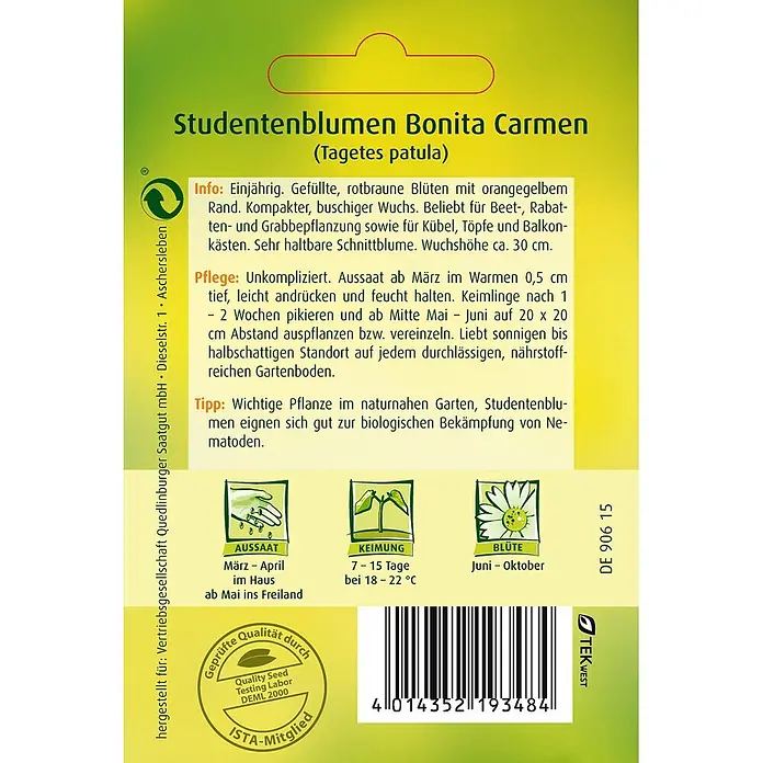 Quedlinburger SAATGUT Studentenblumen Bonita Carmen -  - Samenpäckchen für Studentenblumen 'Bonita Carmen' mit deutschem Text auf grün-gelbem Hintergrund, inkl. Pflanzinfo, Barcode und Qualitätssiegel.