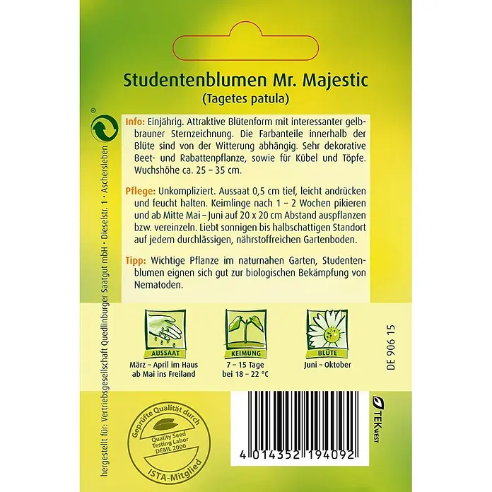 Quedlinburger SAATGUT Studentenblumen Mr. Majestic -  - Studentenblumen Mr. Majestic (Tagetes patula) Samenpäckchen mit Pflanzinformationen, Keim- und Blütezeiten.