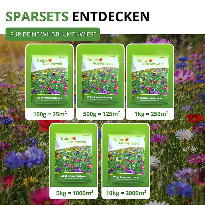 Deine Gartenwelt Wildblumensamen Mischung - 100 g, 100 m² - Fünf grüne Wildblumensamen-Sparpakete in Größen von 100g bis 10kg, passend für eine blühende Wildblumenwiese.