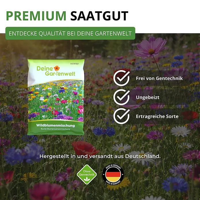 Deine Gartenwelt Wildblumensamen Mischung - 100 g, 100 m² - Grüne Tüte 'Deine Gartenwelt' Wildblumensamen mit Illustration, platziert in einem Feld blühender Blumen.