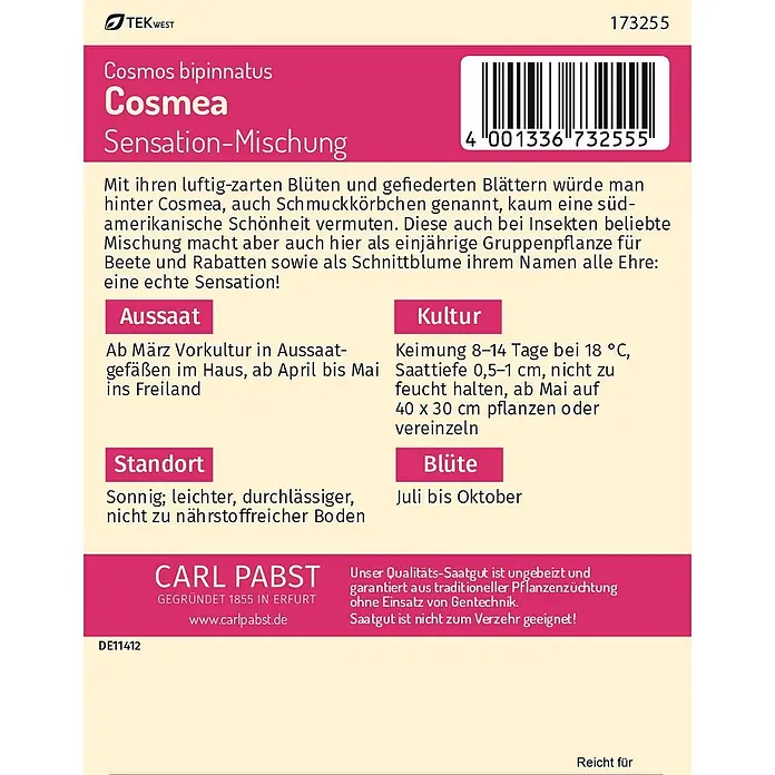 Pabst Keimkraft Cosmea Sensation-Mischung -  - Samenpäckchen für Cosmos bipinnatus 'Sensation-Mischung' mit Pflanzanleitung und Barcode.