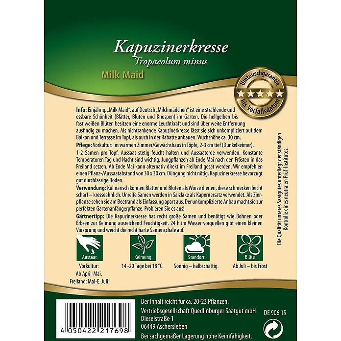 Quedlinburger SAATGUT Blumensamen Kapuzinerkresse - Tropaeolum majus, Mehrfarbig - Saatguttüte für Kapuzinerkresse 'Milk Maid' mit Anbauinfos, Barcode und Markenlogo.