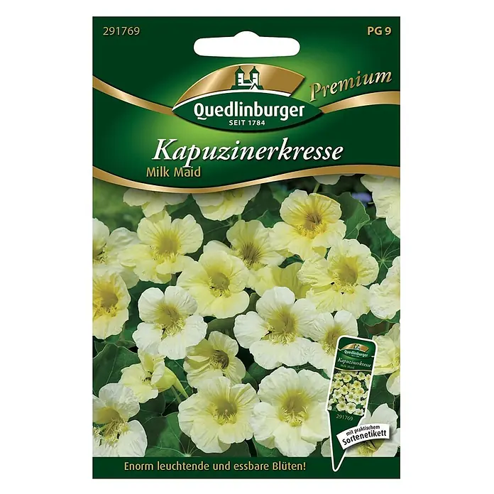 Quedlinburger SAATGUT Blumensamen Kapuzinerkresse - Tropaeolum majus, Mehrfarbig - Quedlinburger Samenpäckchen für "Milk Maid" Kapuzinerkresse, das hellgelbe, essbare Blüten zeigt.
