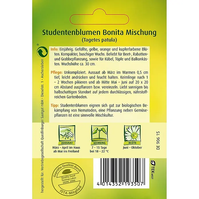 Quedlinburger SAATGUT Blumensamen Studentenblume - Tagetes patula nana, Mehrfarbig - Grüne und gelbe Samentüte für Studentenblumen 'Bonita Mischung' mit Pflegeanleitung und Abbildungen zum Pflanzen und Blühen.