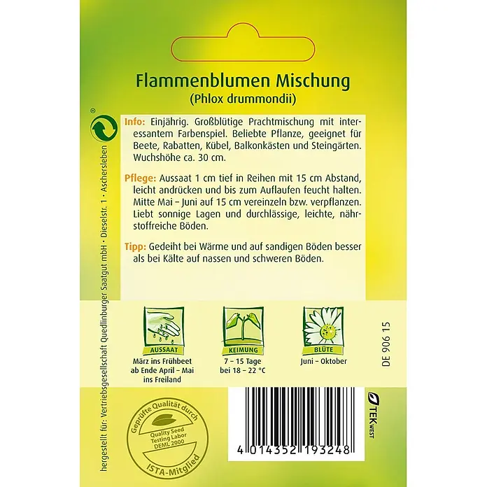 Quedlinburger SAATGUT Flammenblume Phlox Mischung -  - Samenpäckchen für Flammenblumen Mischung (Phlox drummondii) mit Pflanzanleitung, Symbolen für Aussaat/Keimung/Blüte und Barcode.