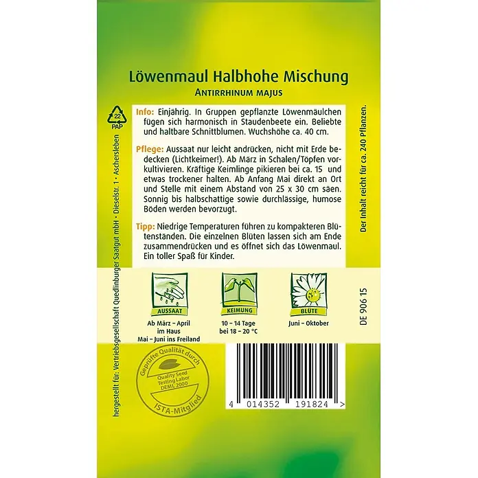 Quedlinburger SAATGUT Blumensamen Löwenmaul - Antirrhinum majus var. nanum, Mehrfarbig - Samenpäckchen für Löwenmaul Halbhohe Mischung mit Pflanzinformationen und Barcode.