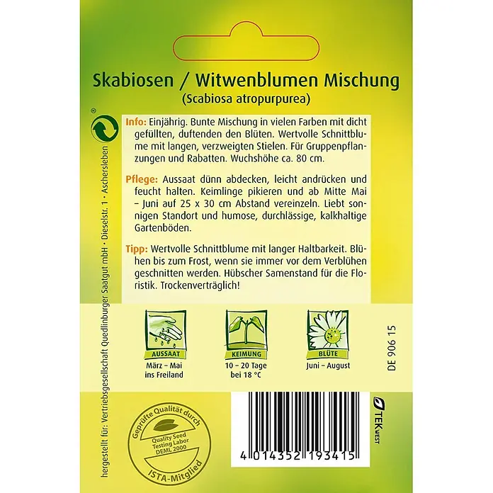 Quedlinburger SAATGUT Skabiosen Witwenblume -  - Samenpackung für Skabiosen / Witwenblumen Mischung (Scabiosa atropurpurea) in Grün-Gelb, mit Anbauinformationen und Barcode.