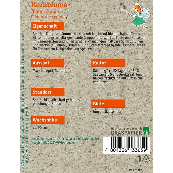 Grüne Fee Blumensamen Kornblume - Centaurea cyanus L., Blau - Samentüte für Kornblume 'Blauer Junge' aus Graspapier, mit Pflanzinformationen und einer Feenillustration.