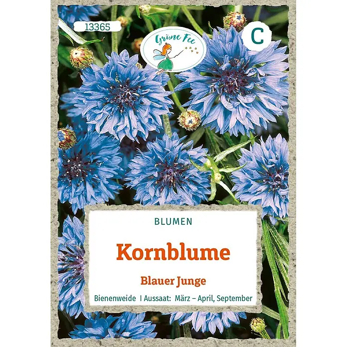 Grüne Fee Blumensamen Kornblume - Centaurea cyanus L., Blau - Samenpäckchen für Kornblume 'Blauer Junge' mit blauen Blüten und Pflanzinformationen.