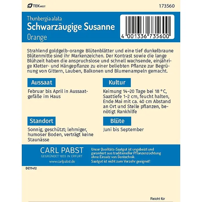 Pabst Keimkraft Blumensamen Schwarzäugige Susanne - Thunbergia alata Bojer ex Sims, Gelb - Samenpäckchen-Etikett für Thunbergia alata 'Schwarzäugige Susanne Orange', mit Anbauinformationen, Produktdetails und Barcode.