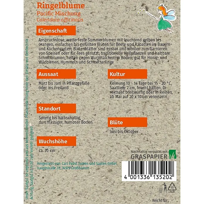 Grüne Fee Blumensamen Ringelblume - Calendula officinalis, Mehrfarbig - Saatguttüte für Ringelblume Pacific Mischung aus Graspapier mit Pflanzinformationen und Barcode.