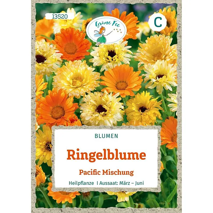 Grüne Fee Blumensamen Ringelblume - Calendula officinalis, Mehrfarbig - Samenpäckchen für Ringelblume Pacific Mischung, mit orange-gelben Blüten, 'Grüne Fee' Logo und Produktdetails.