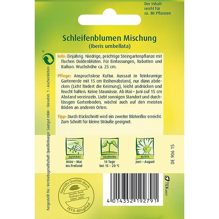 Quedlinburger SAATGUT Schleifenblume Mischung -  - Samenpäckchen für Schleifenblumen Mischung (Iberis umbellata) mit Pflanzanleitung, Illustrationen, Barcode und Gütesiegel.