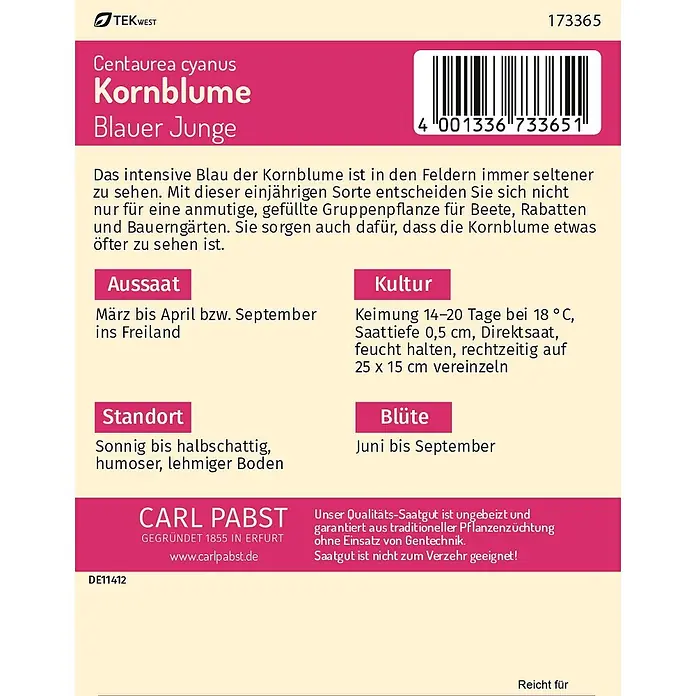 Pabst Keimkraft Blumensamen Kornblume - Centaurea cyanus L., Blau - Magenta-farbene Saattüte für Kornblumen 'Blauer Junge' mit weißer und schwarzer Schrift.