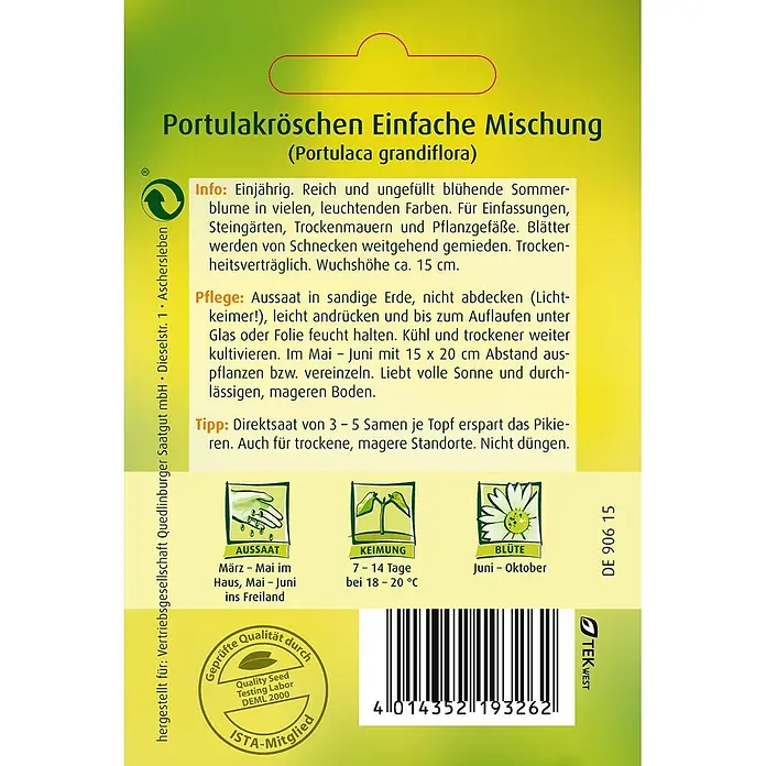 Quedlinburger SAATGUT Blumensamen Portulak - Portulaca oleracea, Mehrfarbig - Samentüte für Portulakröschen (Portulaca grandiflora) mit Pflanzanleitung und Barcode.