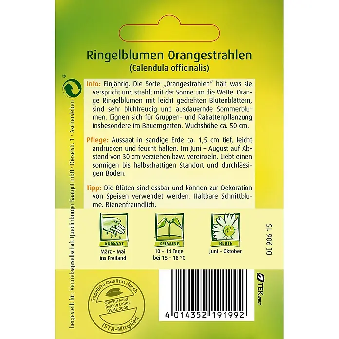 Quedlinburger SAATGUT Blumensamen Ringelblume - Calendula officinalis, Orange - Grün-gelbe Samenpackung für 'Orangestrahlen' Ringelblumen (Calendula officinalis) mit Pflanzinformationen und Barcode.